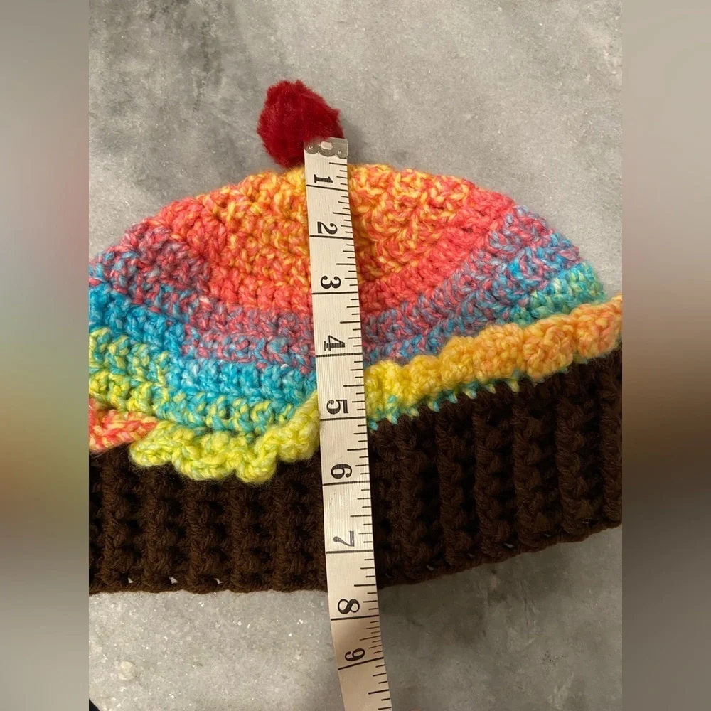 Handmade Crochet Rainbow Chocolate Cupcake Beanie Winter Hat Cozy Comfy Warm